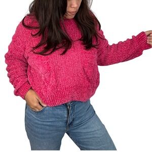 Cocovive Cable Knit Cropped Sweater Pullover Chenille Pink Womens‎ Large Casual